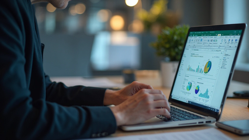 Professionelle Arbeitsumgebung mit Laptop und Datenvisualisierung auf dem Bildschirm