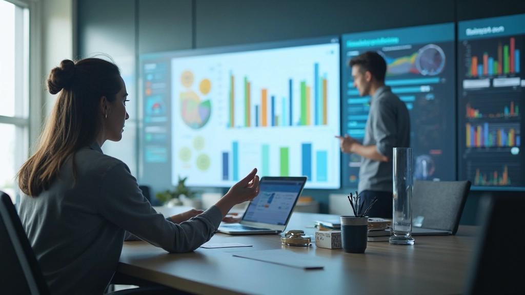 Team-Meeting mit Datenvisualisierung und Geschäftsmetriken an der Wand