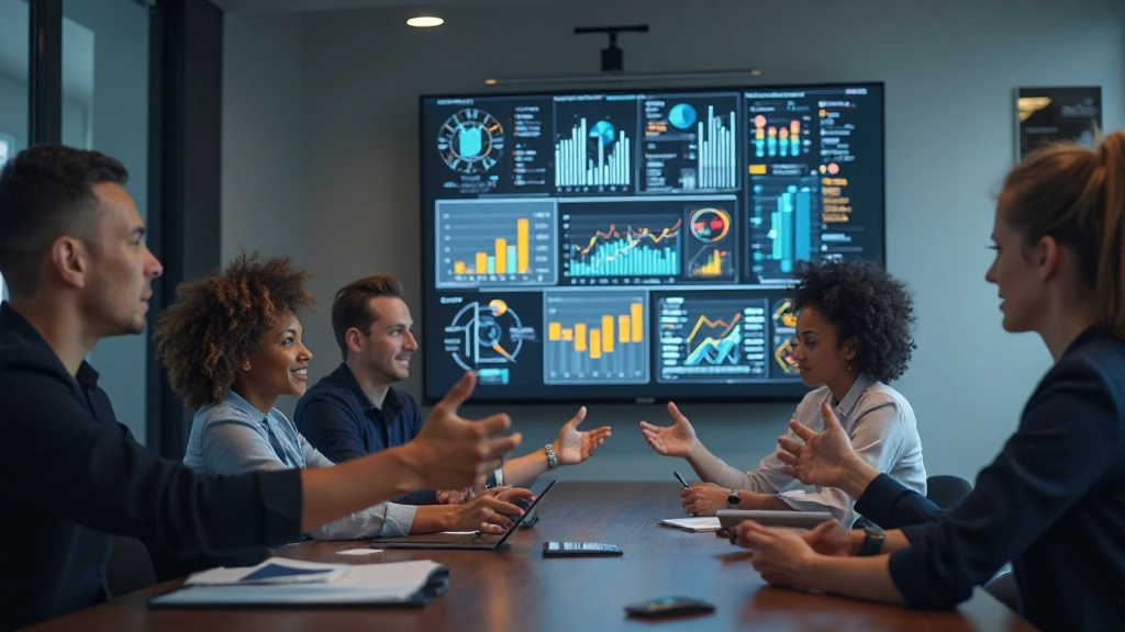 Team-Meeting mit Datenvisualisierung und Geschäftsmetriken an der Wand