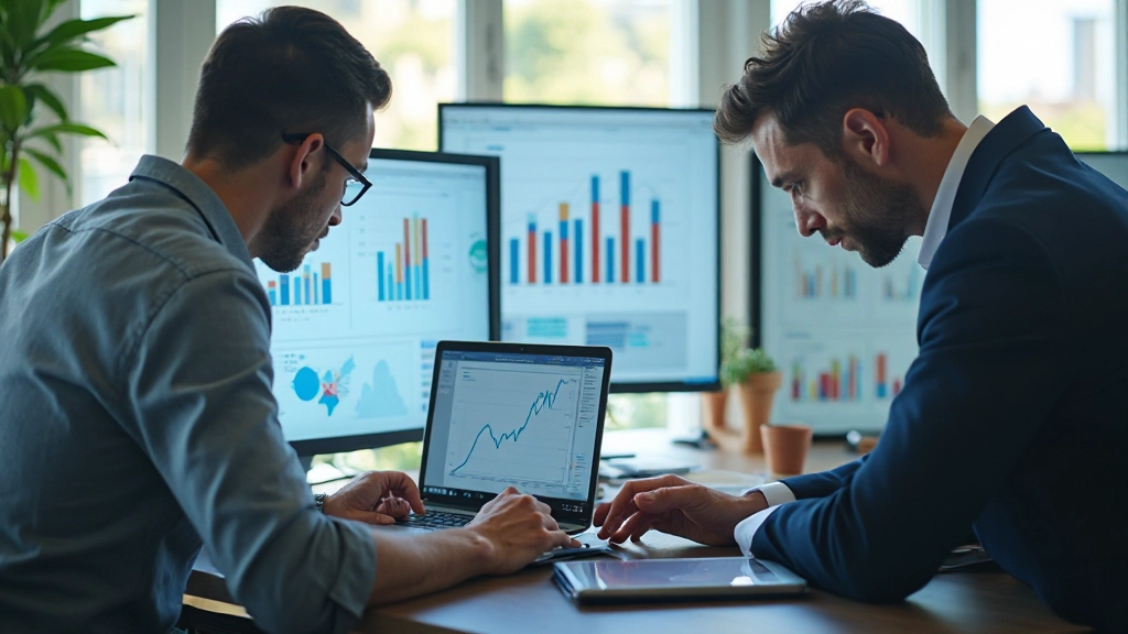 Professionelles Geschäftsteam analysiert KPI-Daten auf dem Laptop mit Diagrammen und Metriken sichtbar