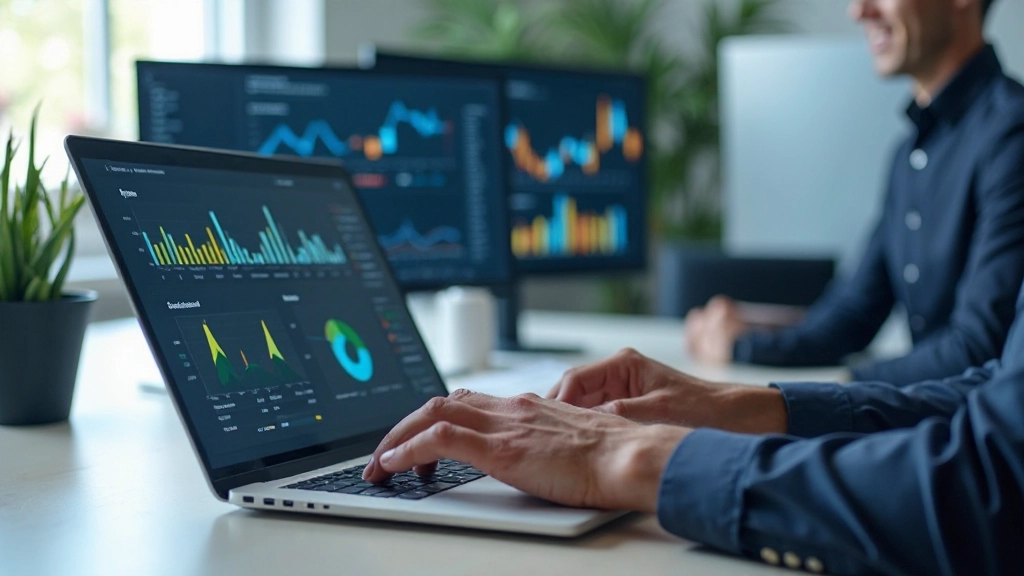 Geschäftsmann präsentiert Datenvisualisierungen und Grafiken auf Bildschirm vor Team