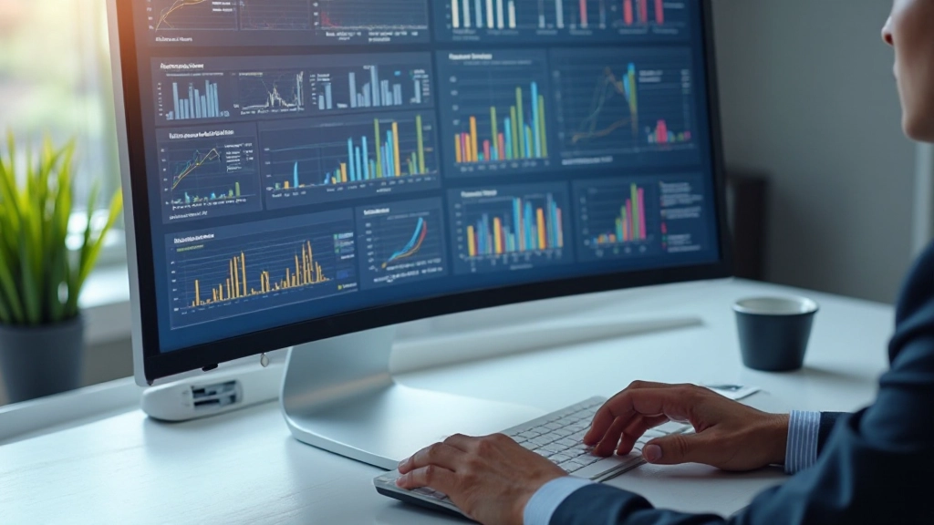 Professionelle Arbeitsumgebung mit Laptop, der Excel-Datenvisualisierung und Analysegrafiken anzeigt