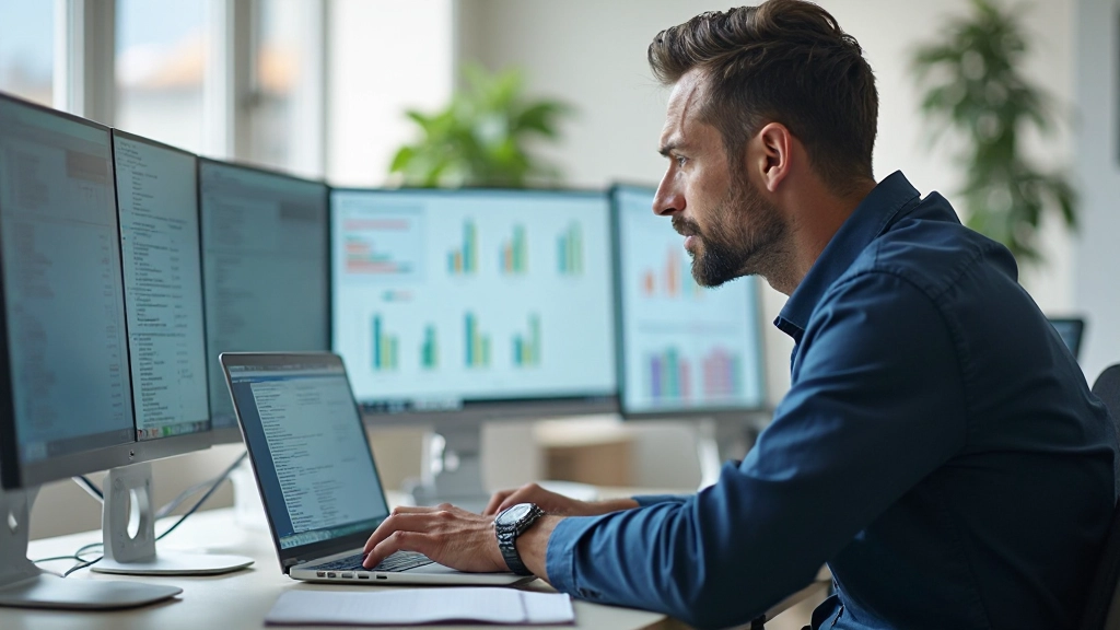 Datenanalyst arbeitet an statistischen Berechnungen mit Laptop und Notizbuch