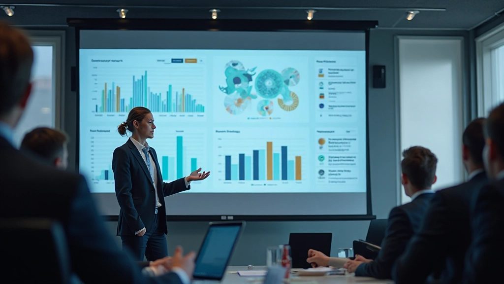 Präsentation von Datenvisualisierungen mit Diagrammen und Grafiken, Geschäftstreffen mit Bildschirm-Präsentation